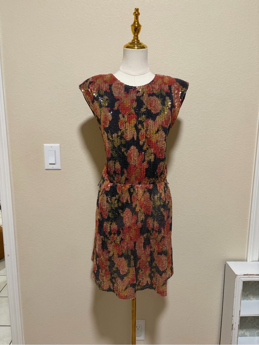 Zara Multicolor Sequin Mini Dress with Black Waist Tie